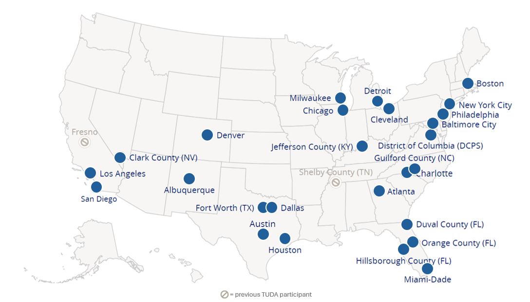 Map of TUDA districts. TUDA districts are listed below the map on the page. 